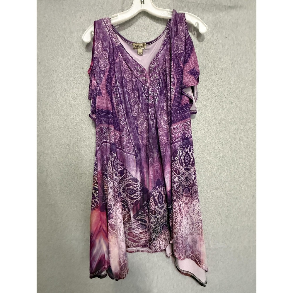 One World Blouse Womens 2X Purple Paisley Rhinestone Cold Shoulder Tunic Top